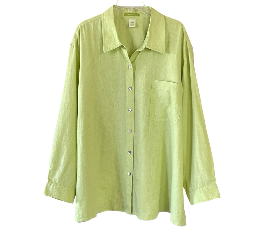 SIGRID OLSEN Women's 3X Lime Green Linen Long Sleeve Button-Down Shirt Tunic Top
